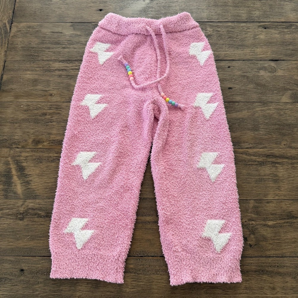 Lola + The Boys Girls Pink Fuzzy Lightning Bolt Knit Pants Rainbow Beads Size 4